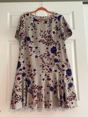 Banana Republic Beige Floral Mini Dress with Blue and Red Accents